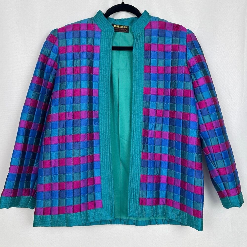 Nuan Thai Silk Womens Quilted Plaid Jacket Size L Teal Pink Vintage Boho